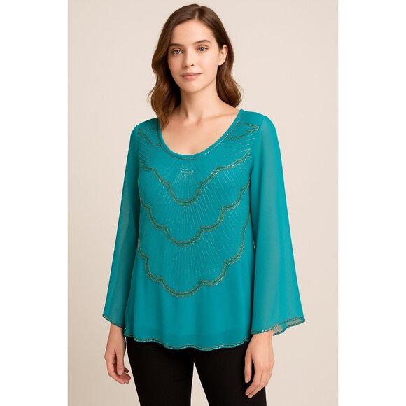 DG2 by Diane Gilman Women’s L Turquoise Beaded Sheer Blouse – Long Sleeve, NWT - Picture 7 of 7